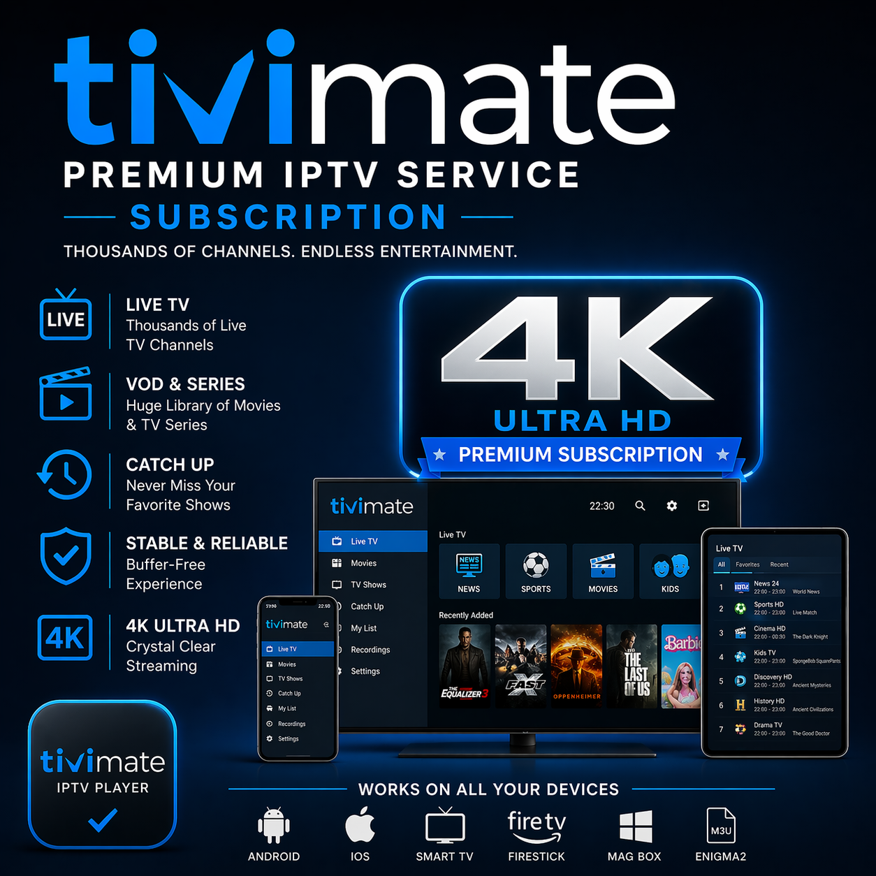 Advertisement for tivimate premium IPTV service with 4K Ultra HD capabilities on a dark background.